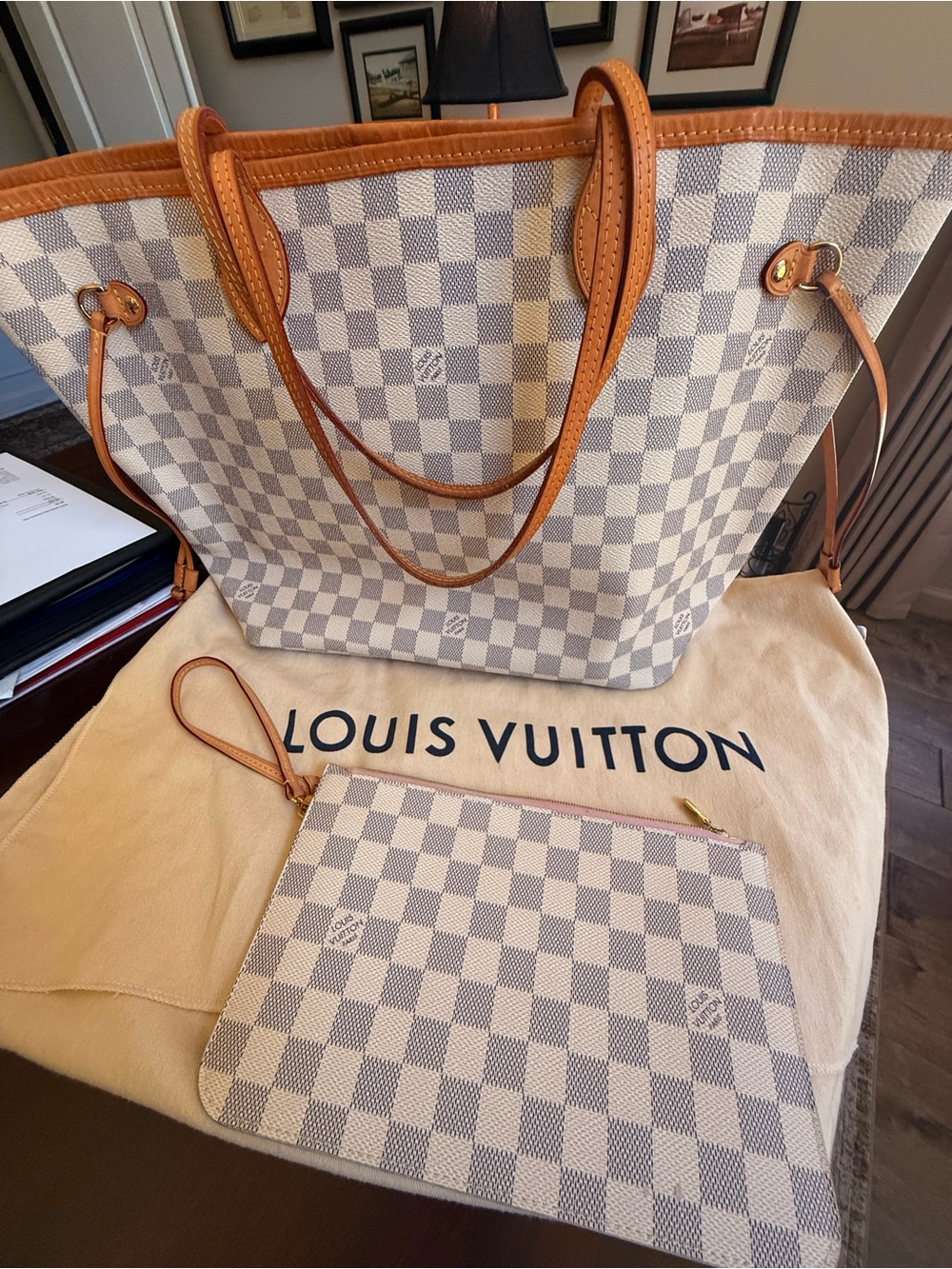 Louis Vuitton Neverfull MM Damier Azur Rose Ballerine Damier Azur Tote with